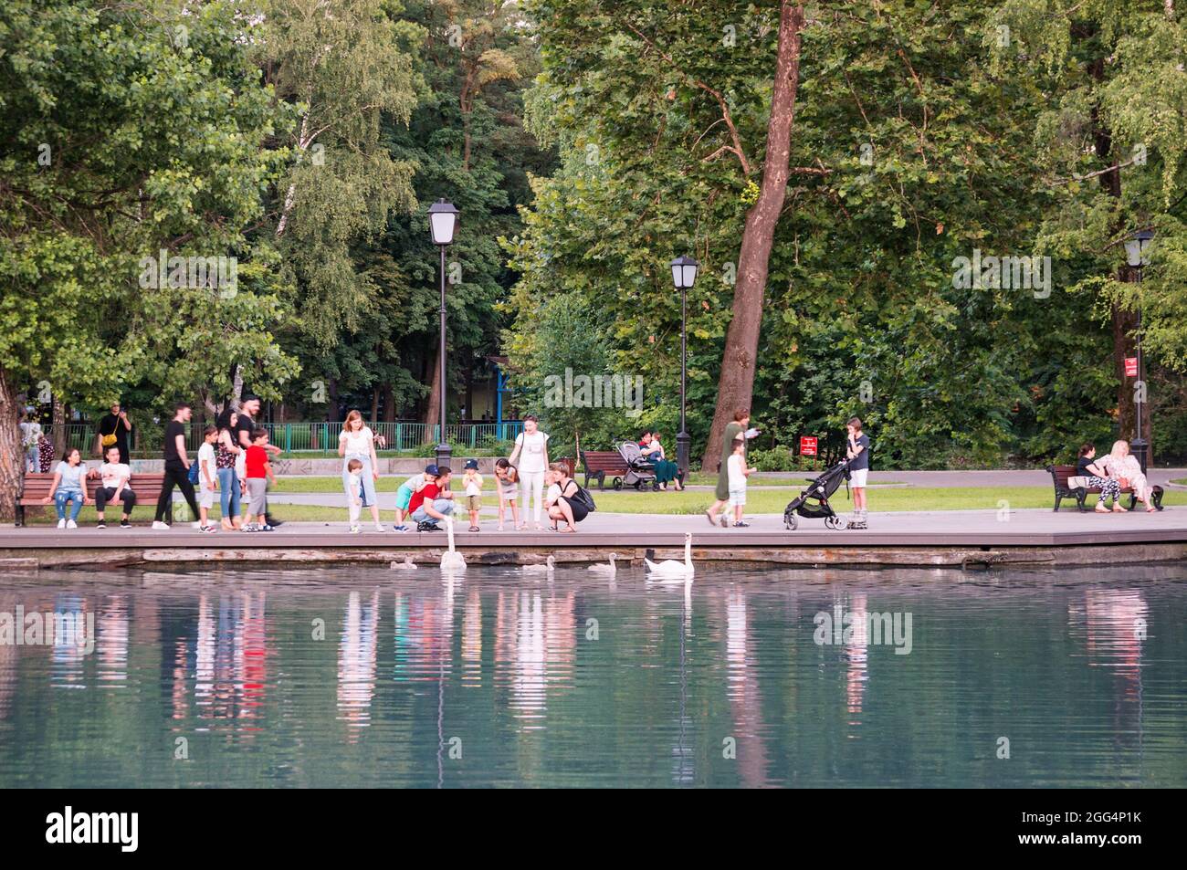 VLADIKAVKAZ, RUSSIA - 07 16 2021: People walking, having rest, feeding swans on the bank of the pond in Kosta Khetagurov Park in the heart of Stock Photo