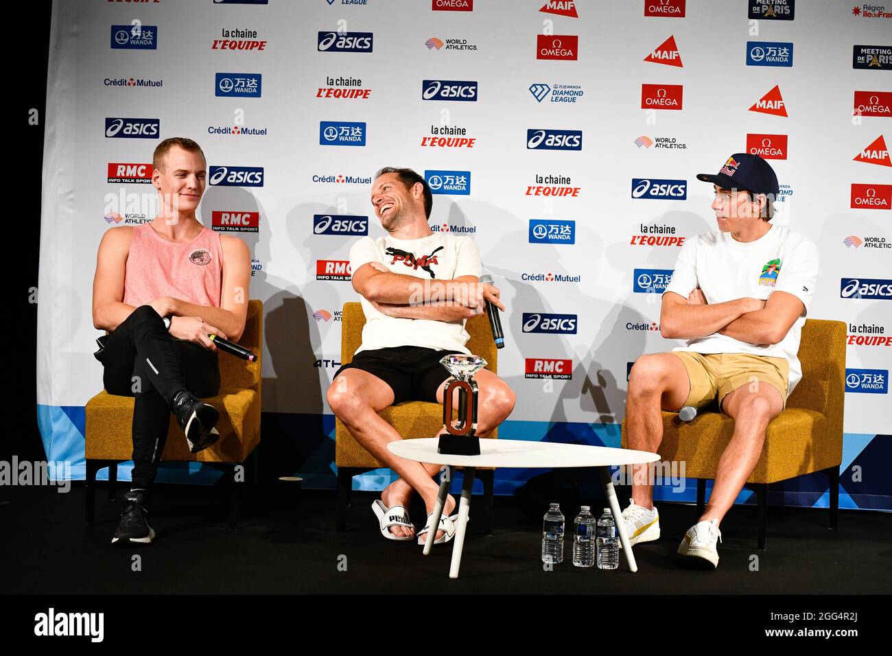 From left, Sam Kendricks (Men's Pole Vault) of United States of America  (USA), Renaud Lavillenie of France and Armand "Mondo" Duplantis of Sweden  attend the press conference prior to Meeting de Paris,
