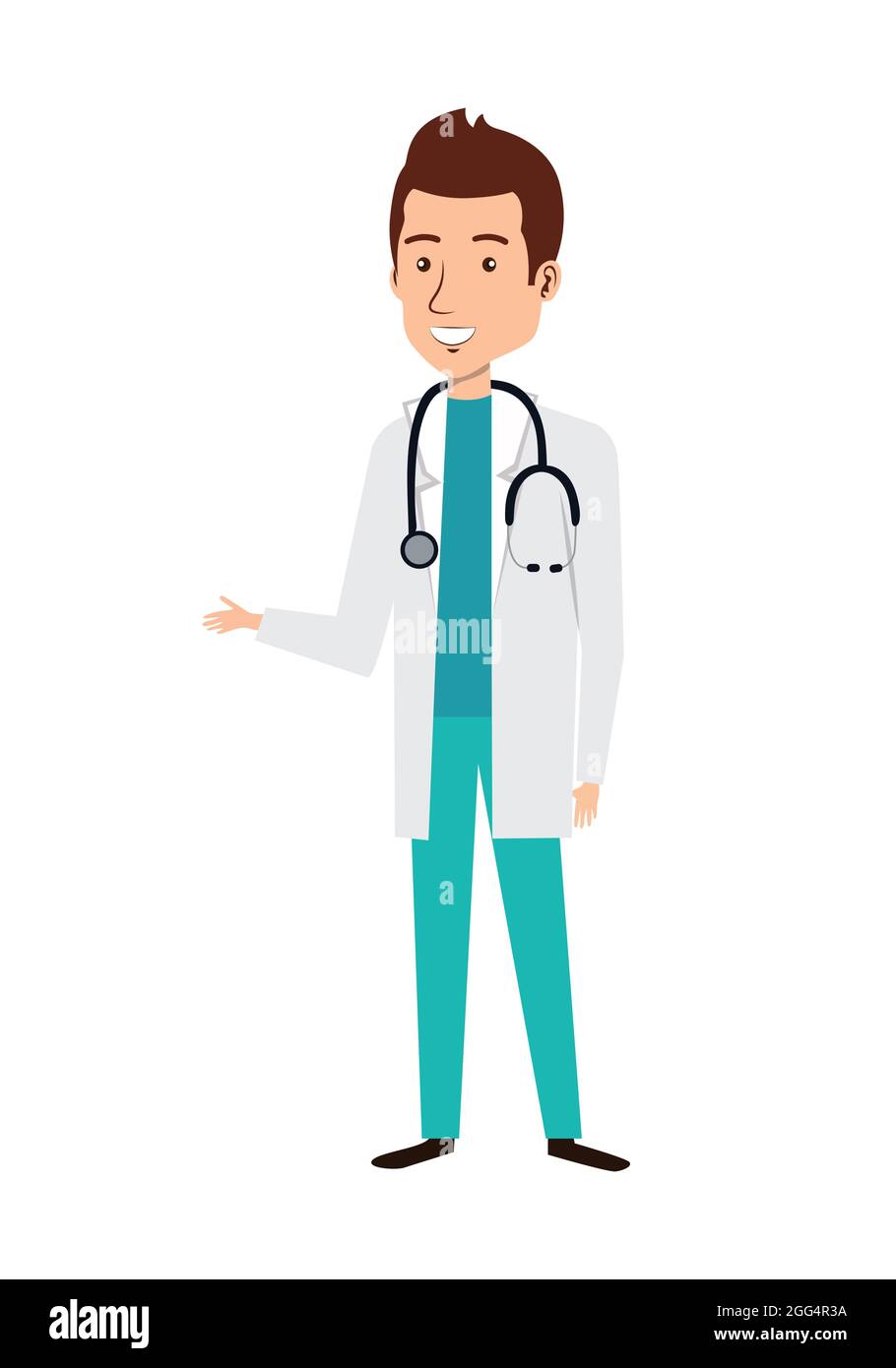 Cartoon character of doctor wearing apron and stethoscope. Doctor giving suggestions icon. Medical consultation and support. Stock Vector