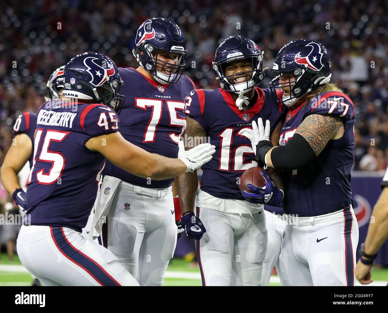 August 28, 2021: Houston Texans teammates celebrate with wide receiver Nico  Collins (12) after a touchdown during an NFL preseason game between the Houston  Texans and the Tampa Bay Buccaneers on August