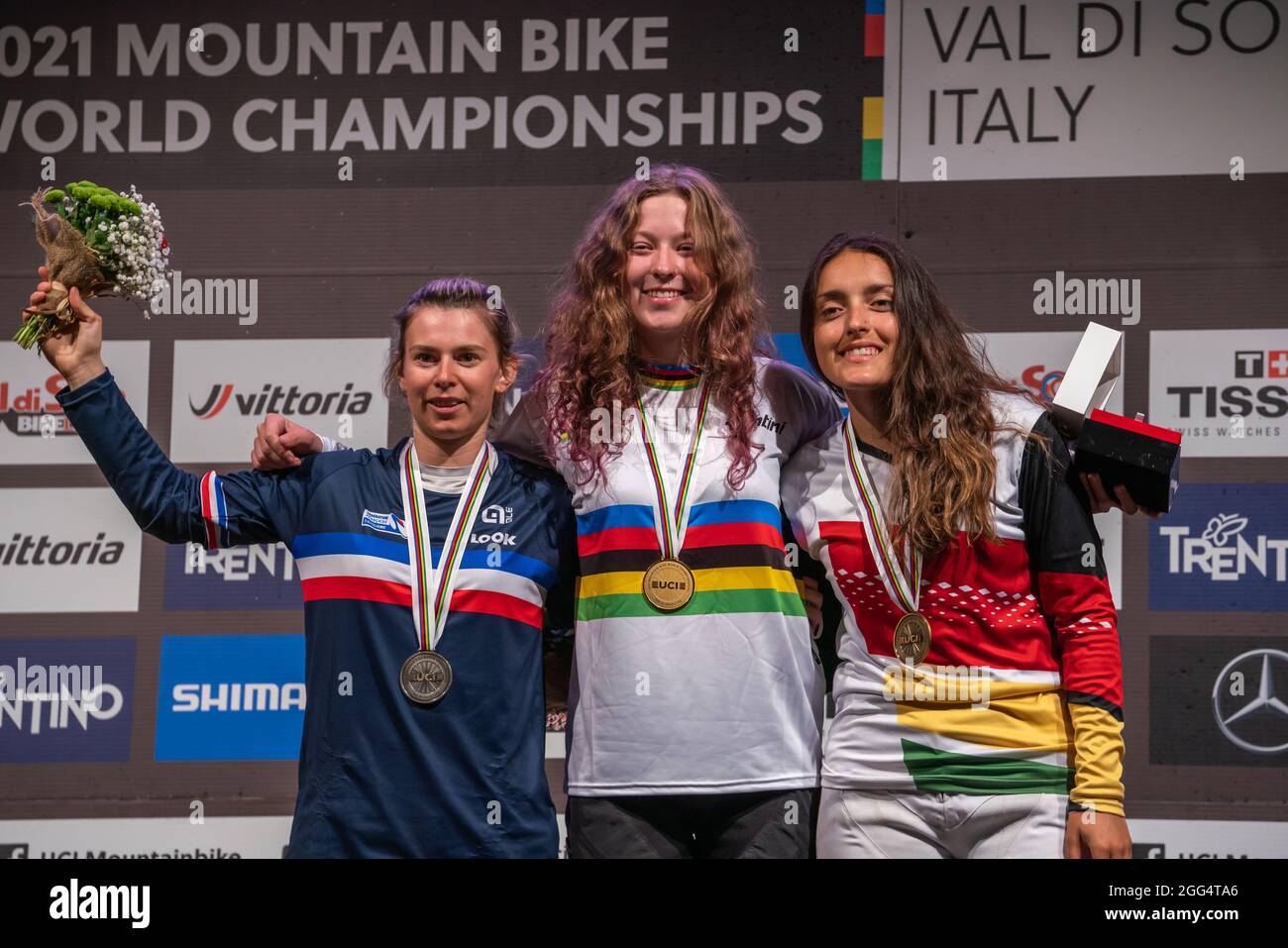 Womens podium during the Four Cross (4X), 2021 MTB World Championships, 1st place Michaela HAJKOVA of the Czech Cepublic, 2nd place Mathilde BERNARD of France, 3rd place Anna Sara ROJAS of Bolivia, Mountain Bike cycling event on August 27, 2021 in Val Di Sole, Italy - Photo Olly Bowman / DPPI Stock Photo