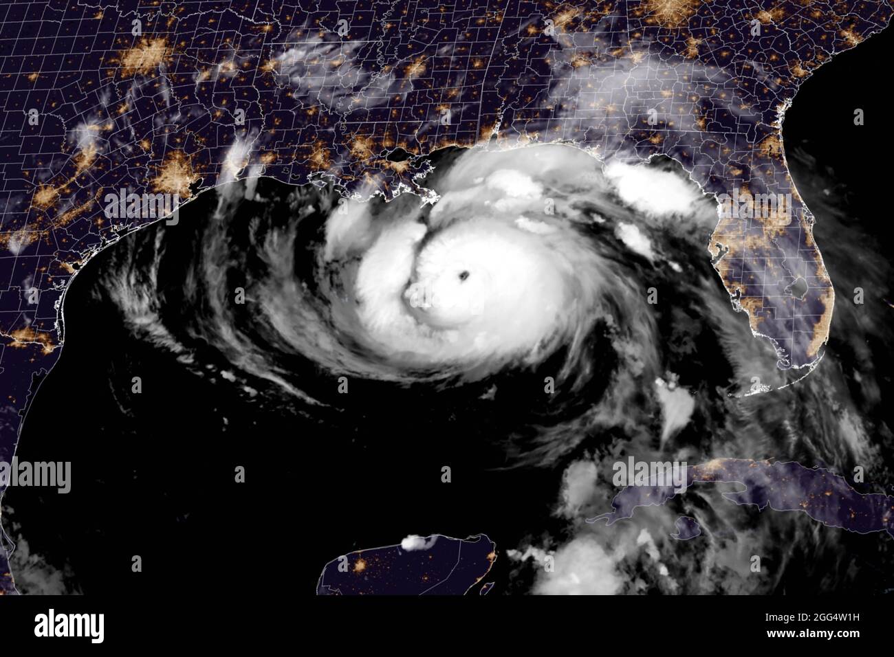 Hurricane Ida in the Gulf of Mexico approaching Louisiana just before midnight EST on Saturday, August 28, 2021. (USA) Stock Photo