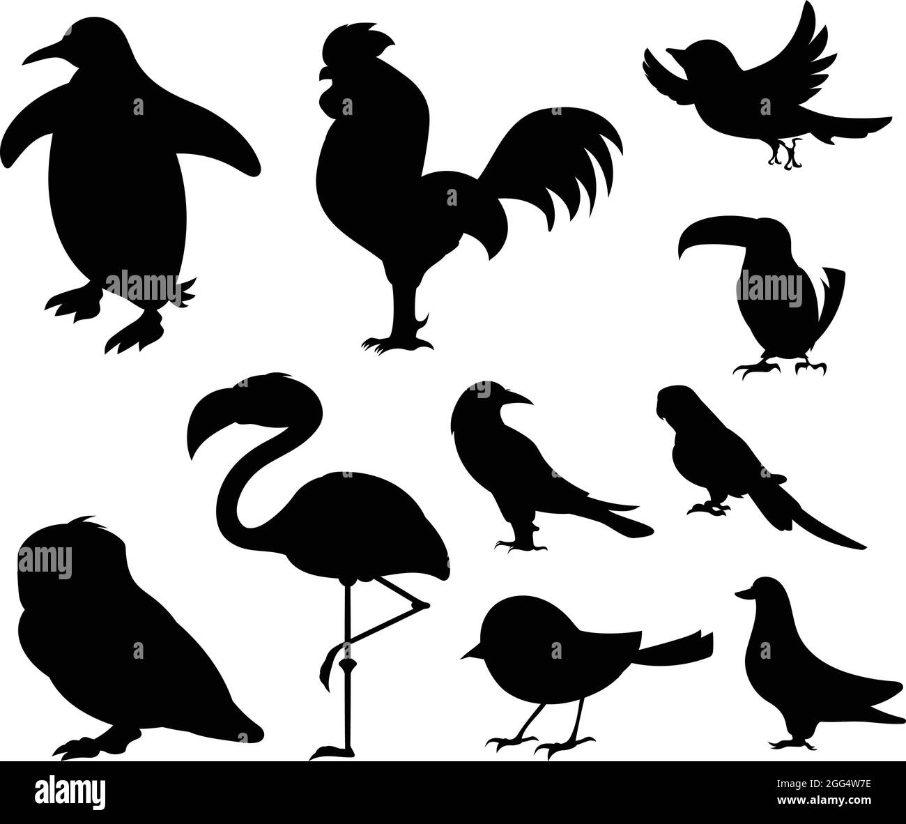 Birds from Different parts of World. Common Birds. Penguin Chicken Sparrow Dodo Bird Pigeon Duck Swan Owl Crow. Black Bird Silhouette Against White Ba Stock Vector