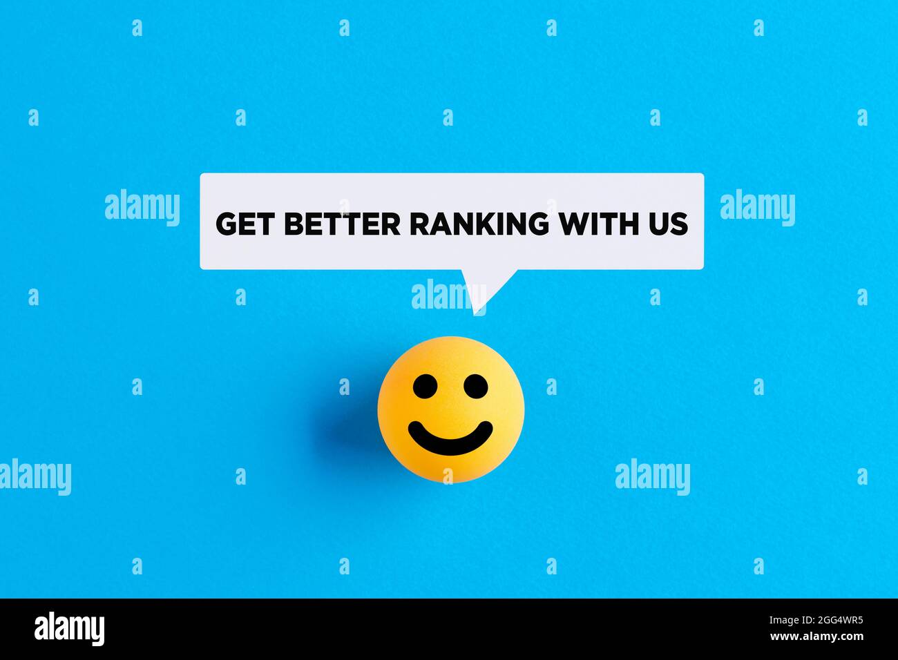 Smiling face icon on a ball with the message get better ranking with us. Customer satisfaction improvement consultancy concept. Stock Photo