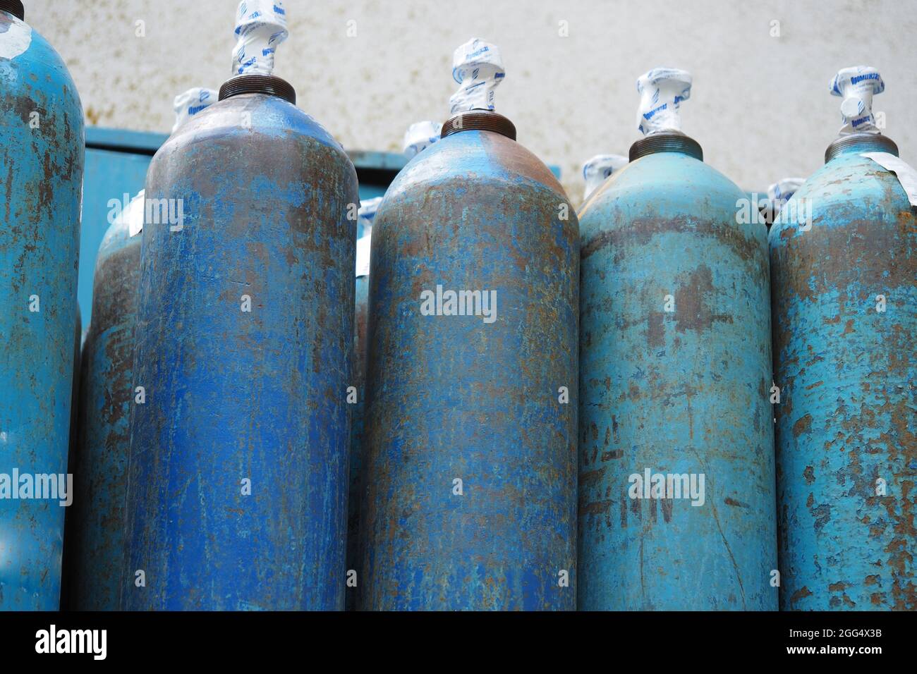 Blue cylinders with liquid oxygen for medical institutions. High quality photo Stock Photo