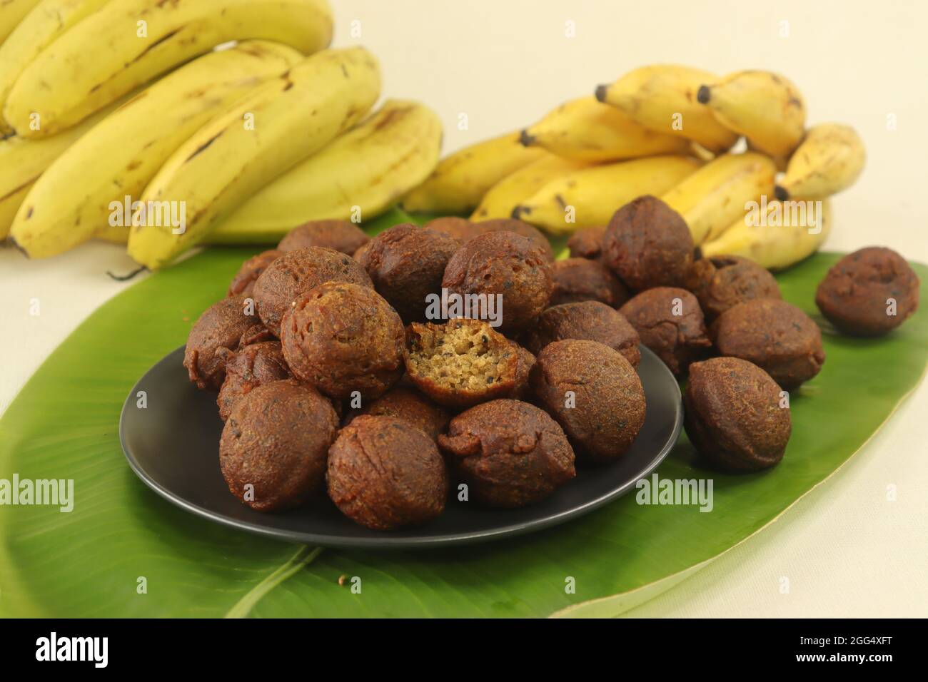 Rice fritters made with a batter of rice flour, banana, jaggery and