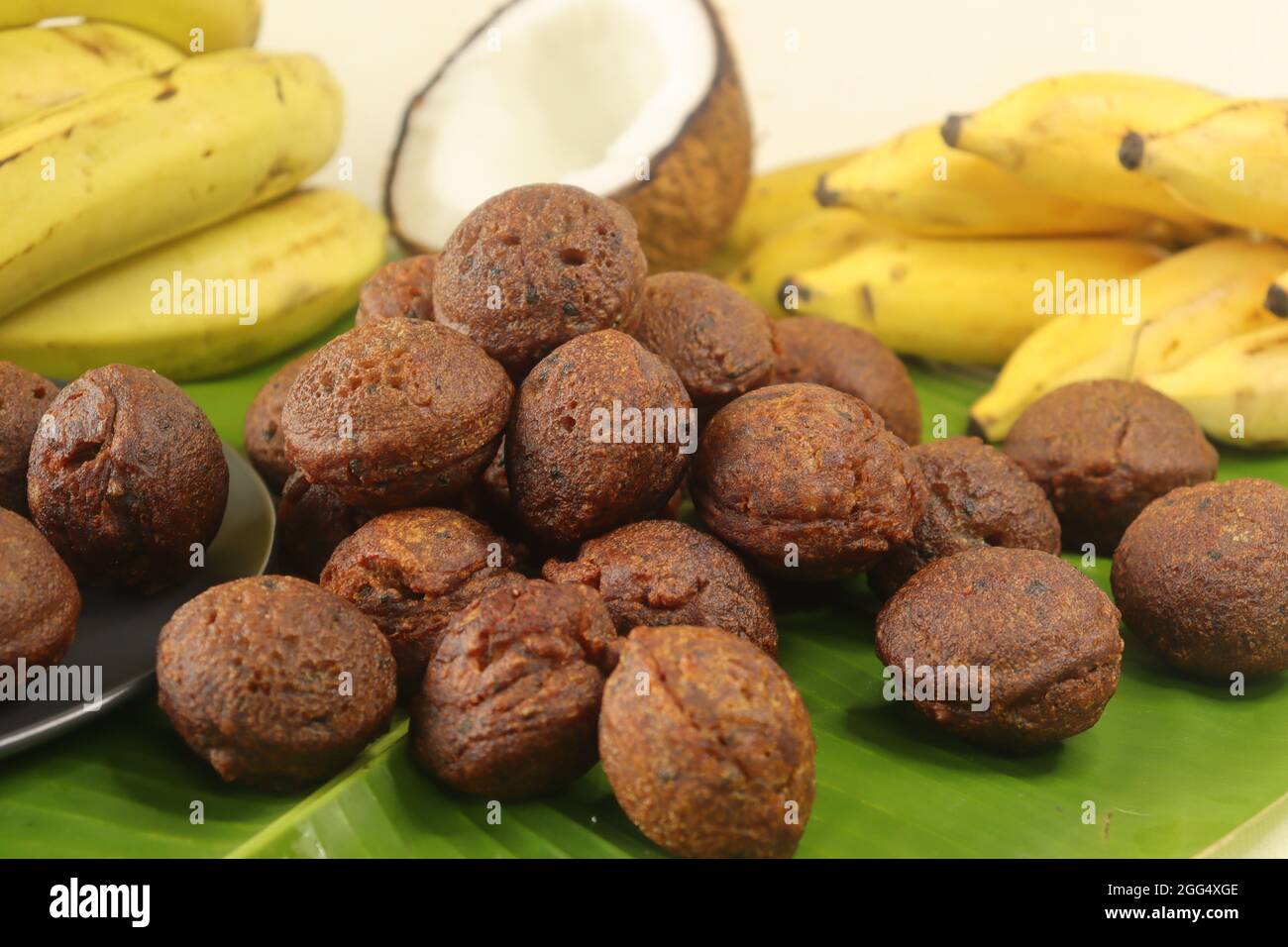 Rice fritters made with a batter of rice flour, banana, jaggery and