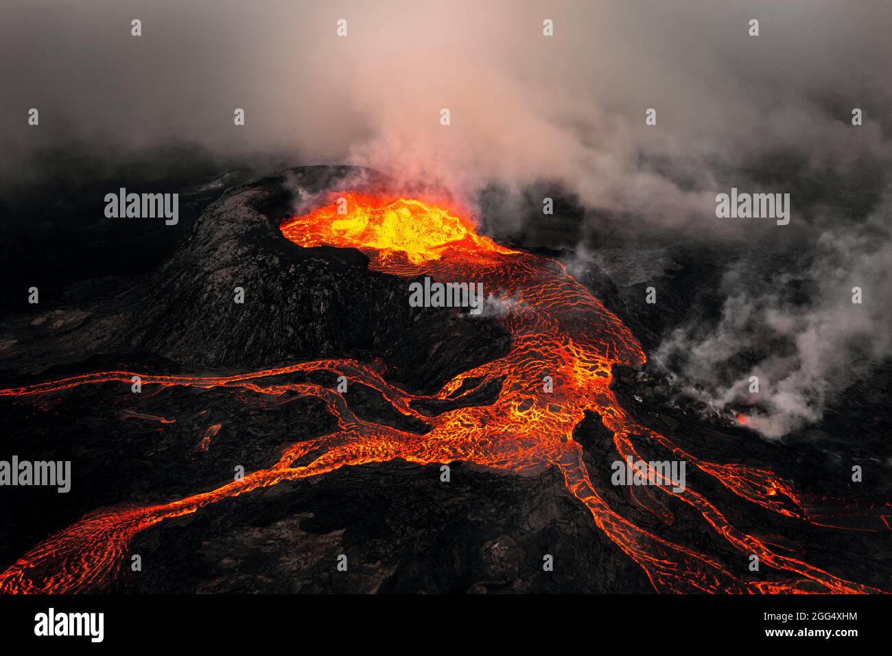 Aerial shot of the Fagradalsfjall volcano, called Geldingadalsgos. Stock Photo