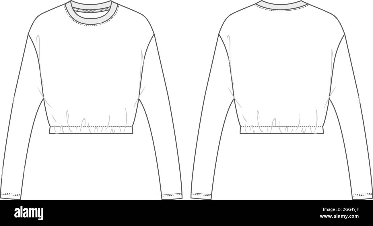 Long sleeve Under bust tops crew neckline technical fashion Sketch vector Template For ladies. Flat blouse Mock up front and  back Views. Stock Vector