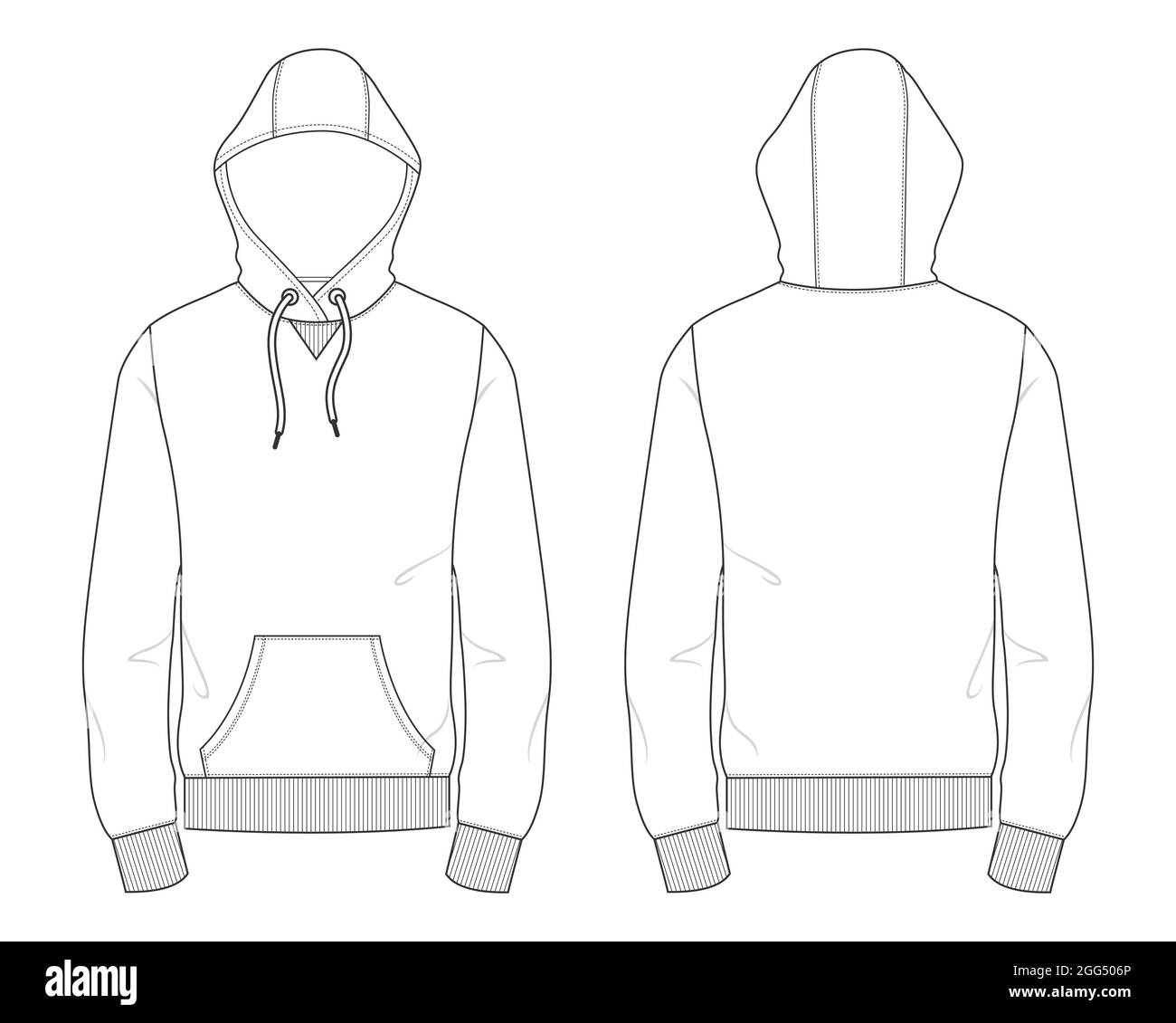 Long sleeve hoodie With zipper technical fashion Drawing flat sketch template front and back view. Cotton fleece fabric dress design vector. Stock Vector