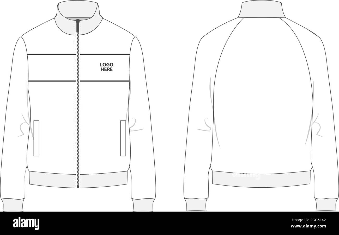 Cotton jersey fleece jacket technical fashion Flat sketch Vector illustration template. Flat apparel Sweater Jacket mock up Isolated on white back. Stock Vector