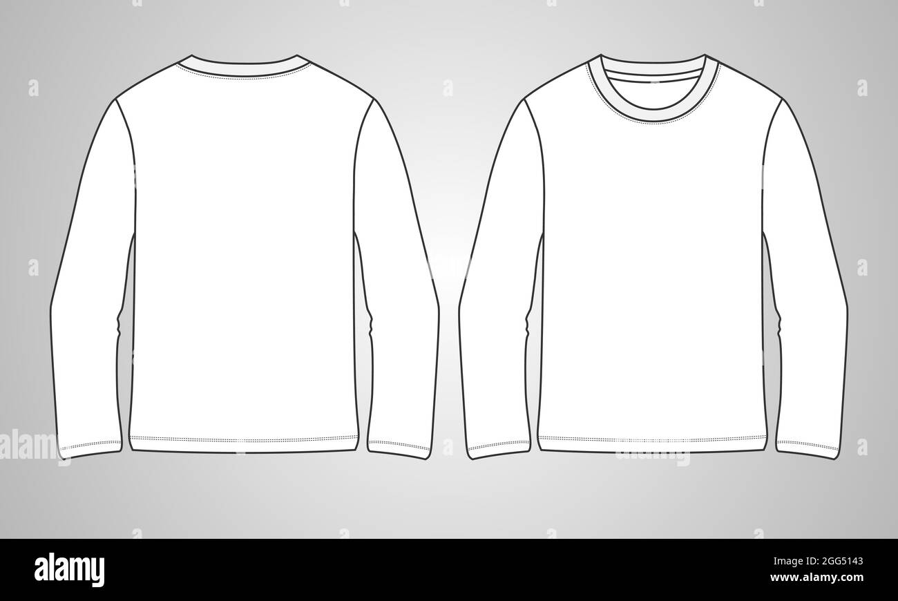 Long sleeve round neck Technical Sketch flat fashion T-shirt front and back view . Apparel dress design CAD Mock up Vector Illustration template. Stock Vector