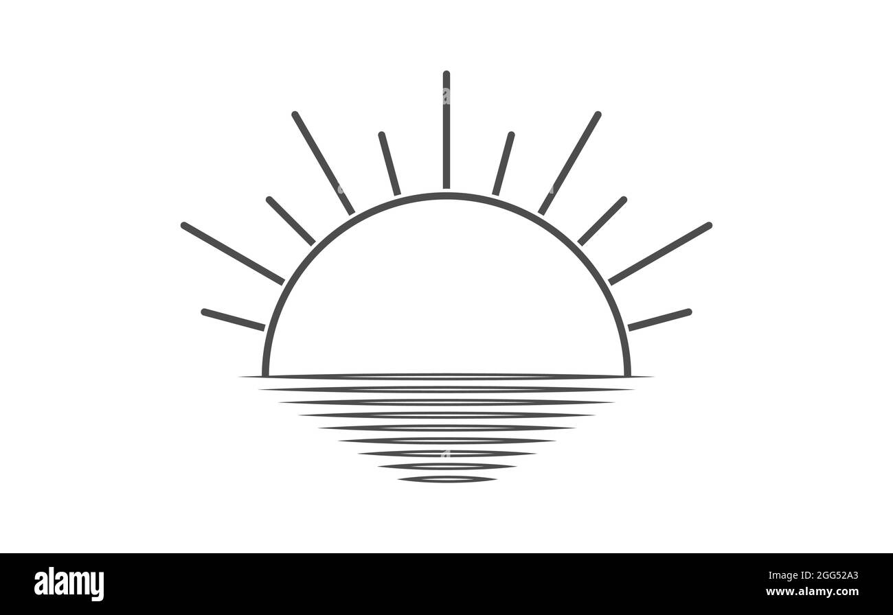 simple icon of the rising or setting sun on the background of the water ...