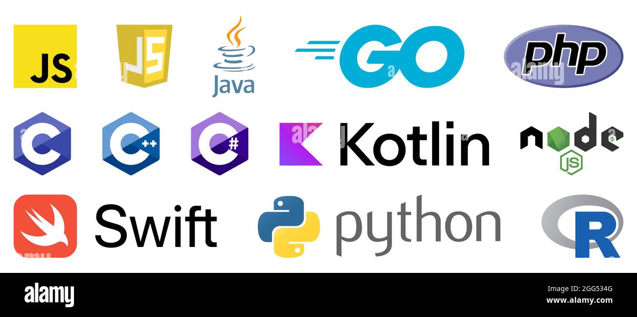 Vinnytsia, Ukraine - August 19, 2021. Popular programming languages set. Python, JavaScript, Java, C#, C, C++, Go, R, Swift, PHP, Nodejs, Kotlin. Edit Stock Vector