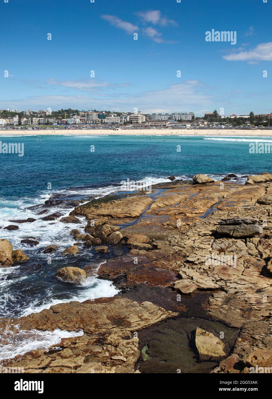 Bondi Beach is perhaps Australia's most famous beach. This images is from the rocks at the northern headland. Bondi Beach - NSW - Australia Stock Photo