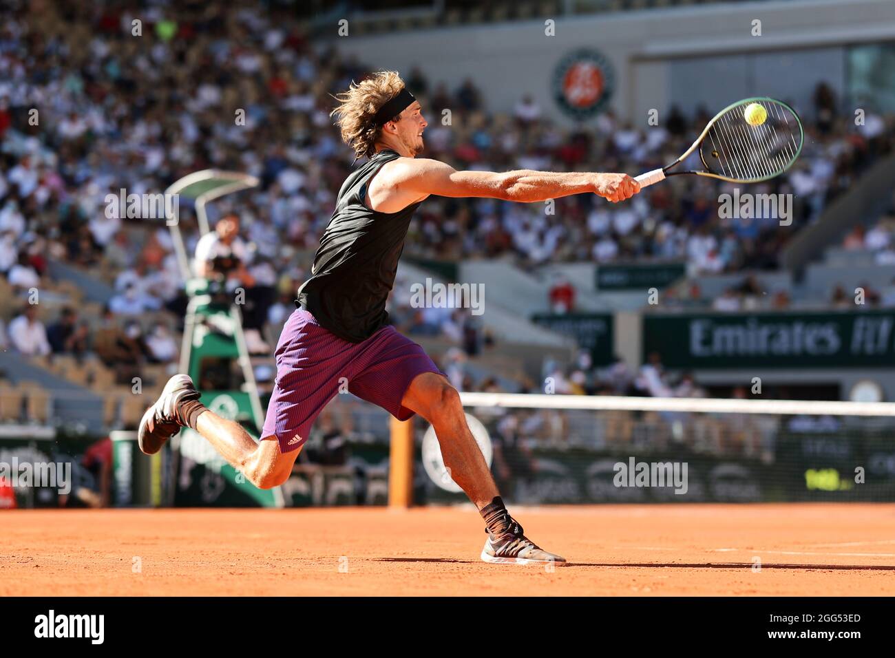 German tennis player Alexander Zverev playing forehand shot in French Open 2021 tennis tournament, Paris, France Stock Photo
