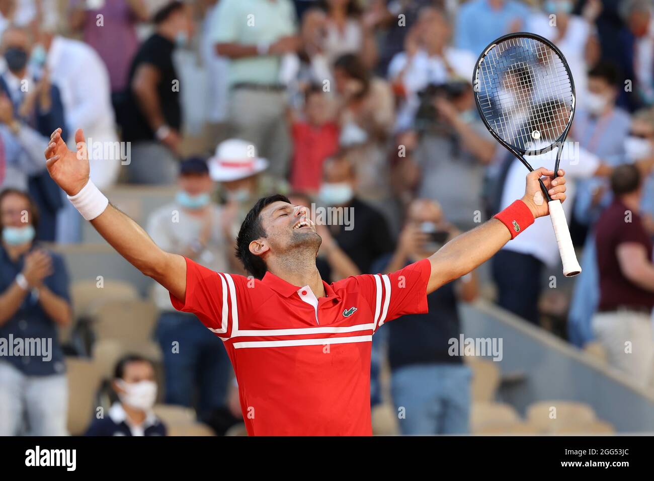 Serbian tennis Novak Djokovic (SRB) celebrating match point during French Open 2021 tennis tournament, Paris, France Stock Photo