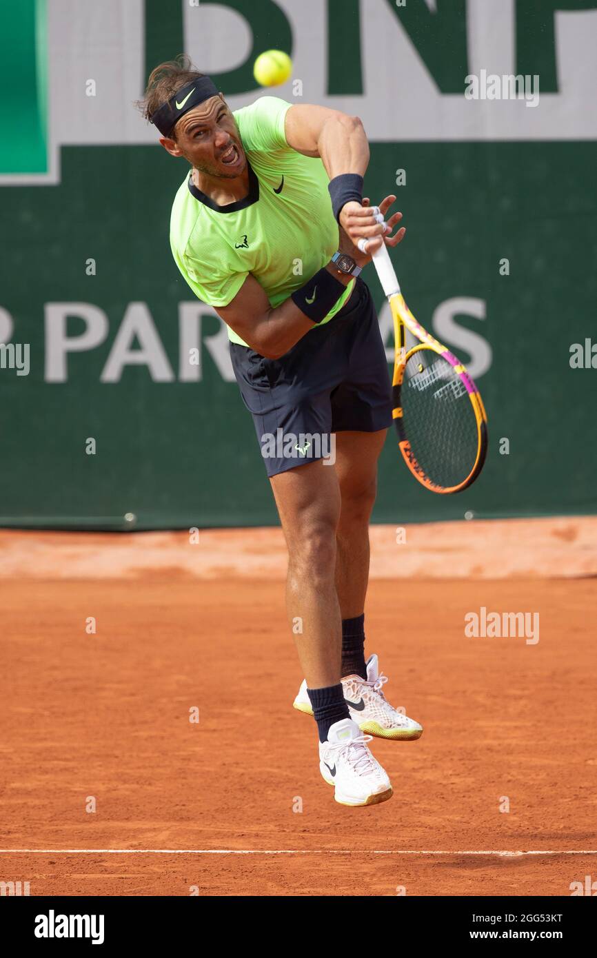 Spanish tennis player Rafael Nadal playing a service shot French Open 2021 tennis tournament Paris France Stock Photo Alamy