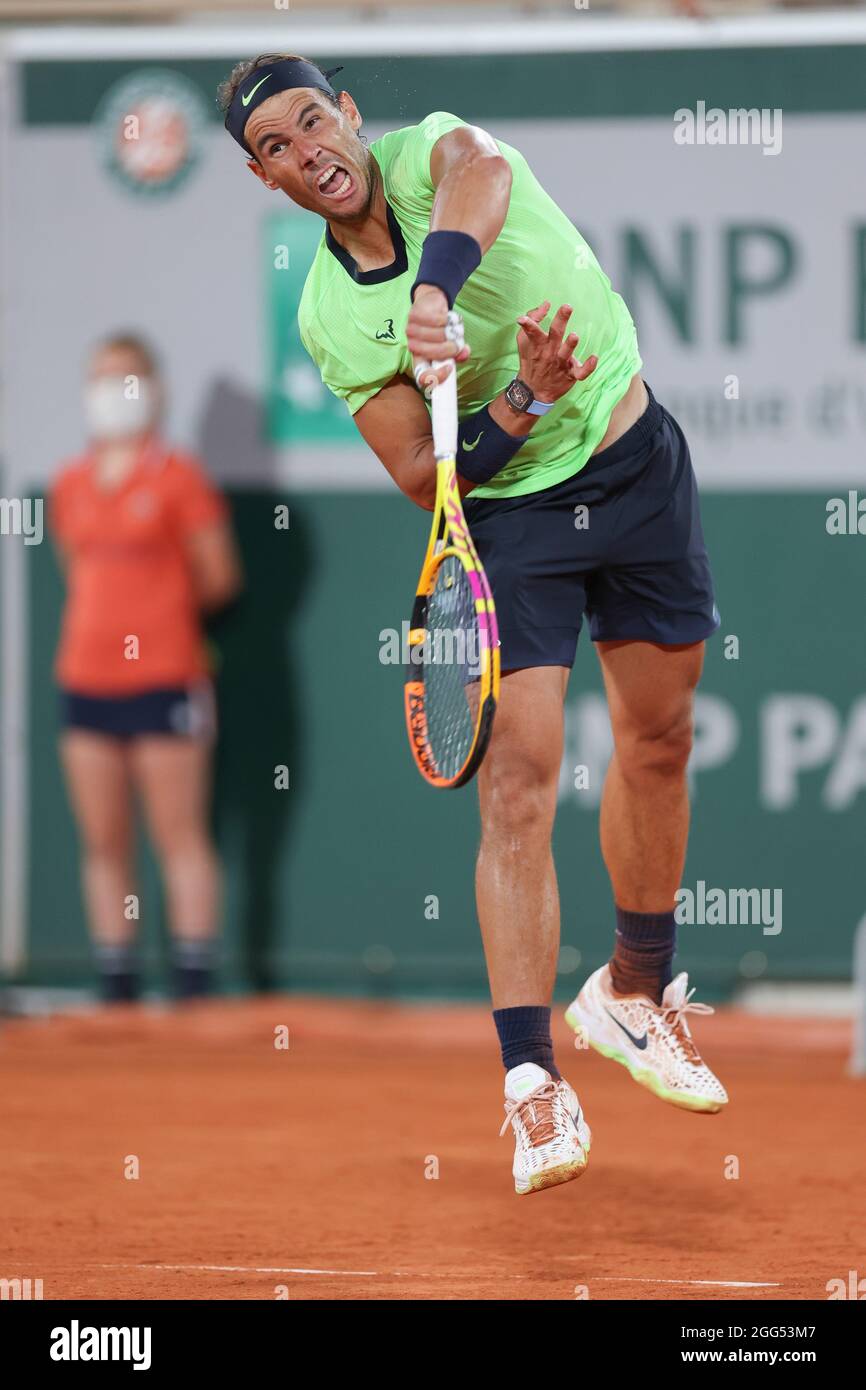 Spanish tennis player Rafael Nadal playing a service shot French Open 2021 tennis tournament Paris France Stock Photo Alamy