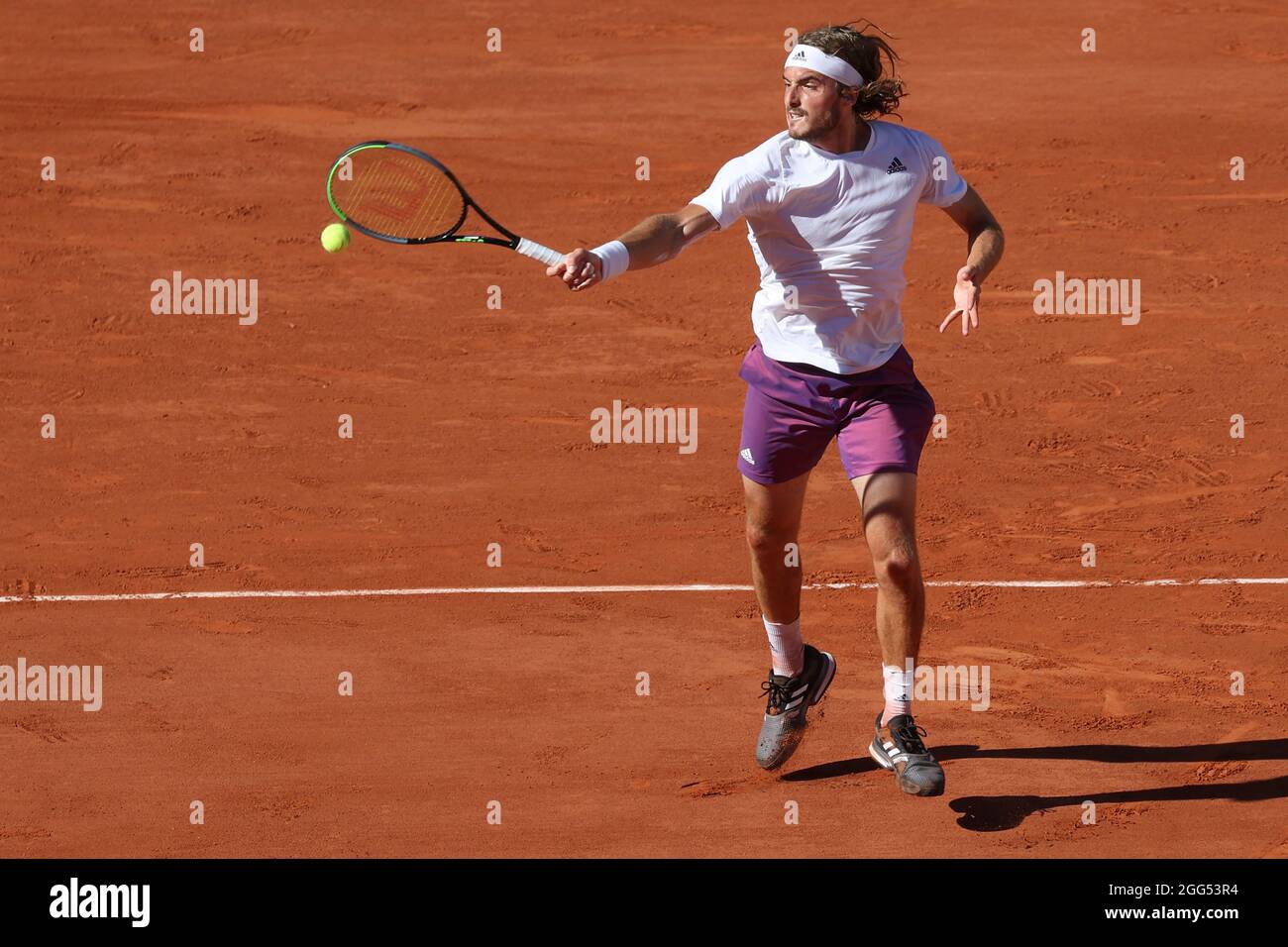 Greek tennis player Stefanos Tsitsipas playing a forehand shot, French