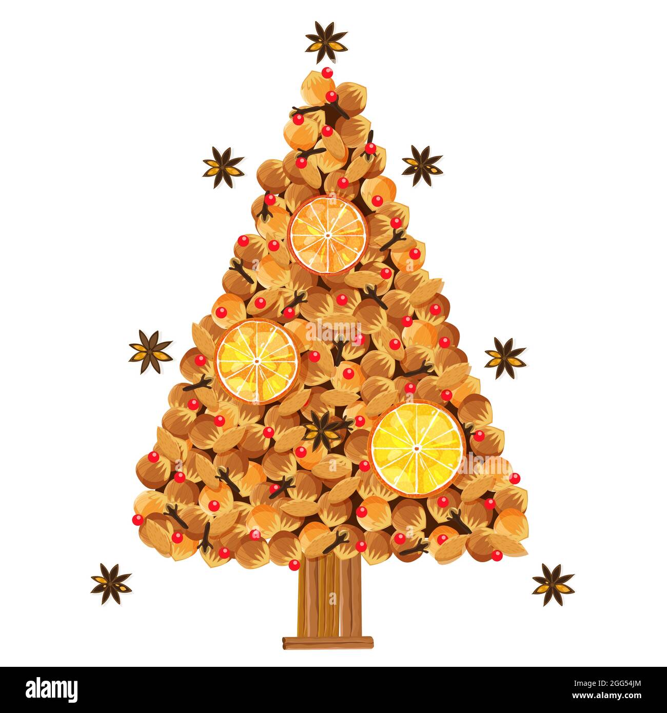 Christmas tree made of nuts, spices and dried oranges. Viewed from above. Vector illustration. Stock Vector