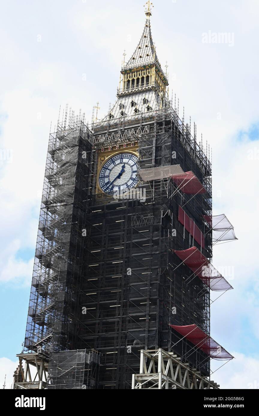 Big Ben under renovation work, Houses of Parliament, Westminster, London. UK Stock Photo
