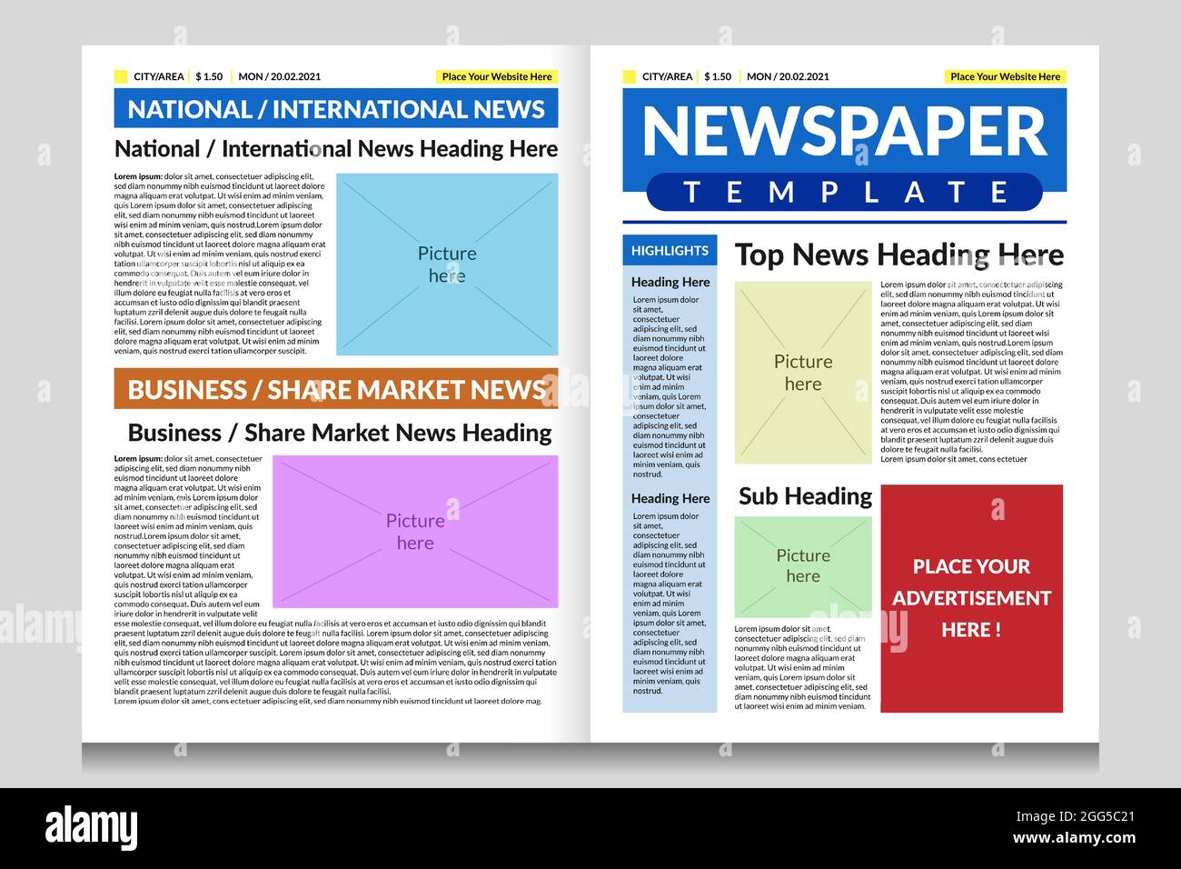 Newspaper front page design template. Newspaper sample design with heading, body text and pictures placeholder. Stock Vector