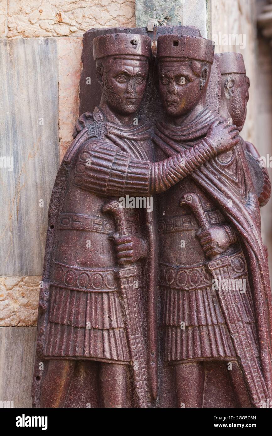 The Tetrarchs is a famous porphyry sculpture of four Roman emperors, sacked from the Byzantine palace in 1204. Close up Stock Photo