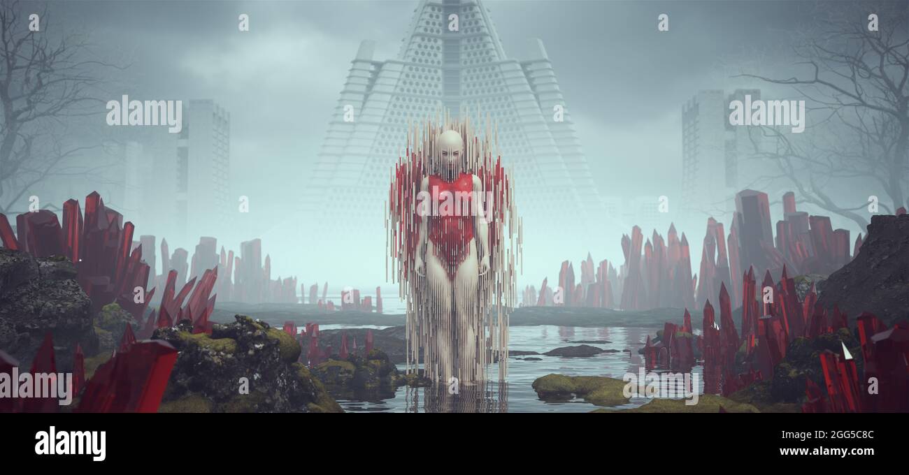 Futuristic Female Strong Aggressive Pose in a Red Body Suit With Abstract 3d Shapes Alien Landscape Foggy Abandoned Brutalist Architecture 3d illustra Stock Photo