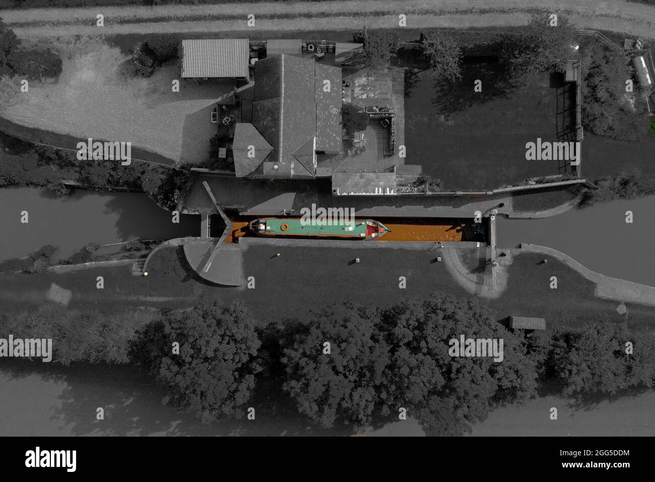 Life on The Cut, Aerial Images of Uk Narrowboat barges Canal Canals Stock Photo