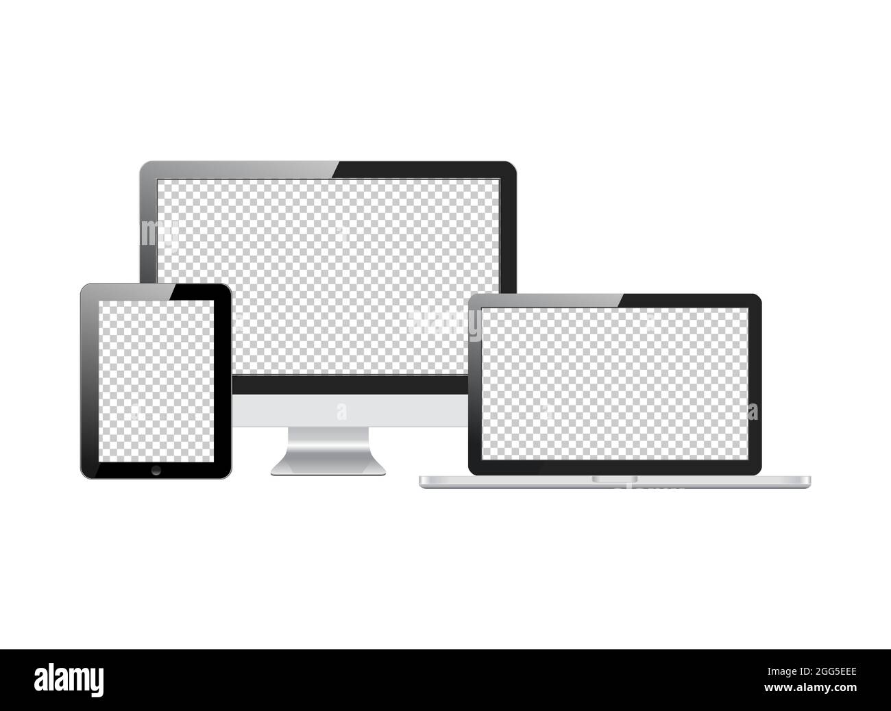 Set of realistic screen transparent computer monitors, laptops, tablets. Electronic gadgets isolated on white background Stock Vector
