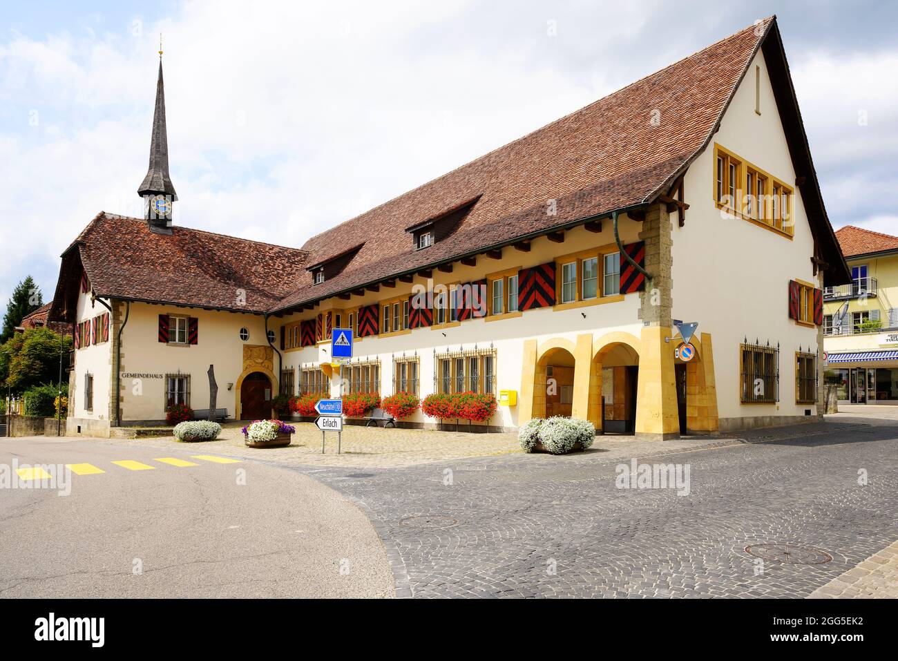 Picturesque Town Hall (Gemaindehaus) in Ins. Ins is the municipality in the Bern region and is a local administrative unit. ruled by a mayor. pictures Stock Photo