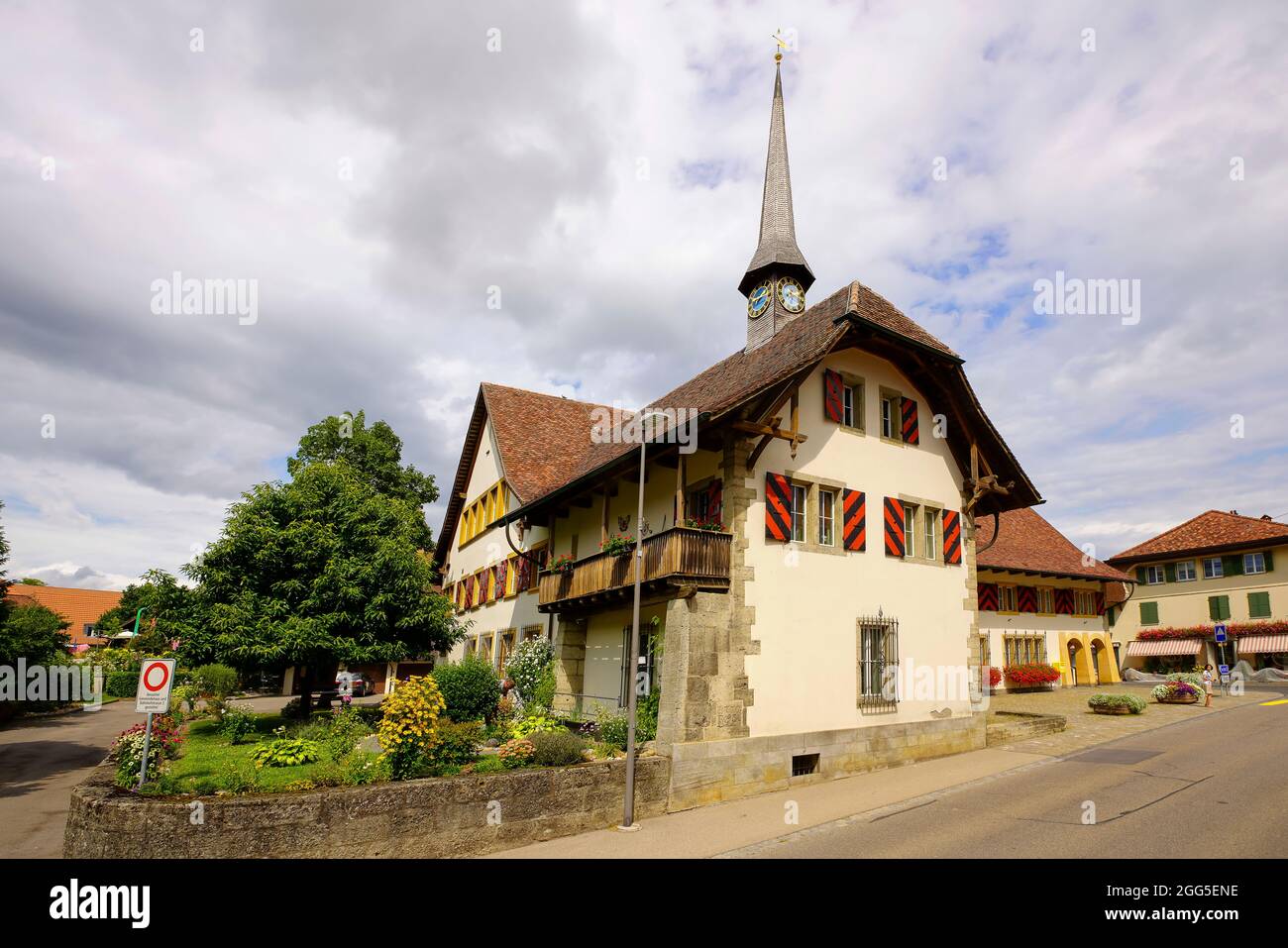 Picturesque Town Hall (Gemaindehaus) in Ins. Ins is the municipality in the Bern region and is a local administrative unit. ruled by a mayor. pictures Stock Photo