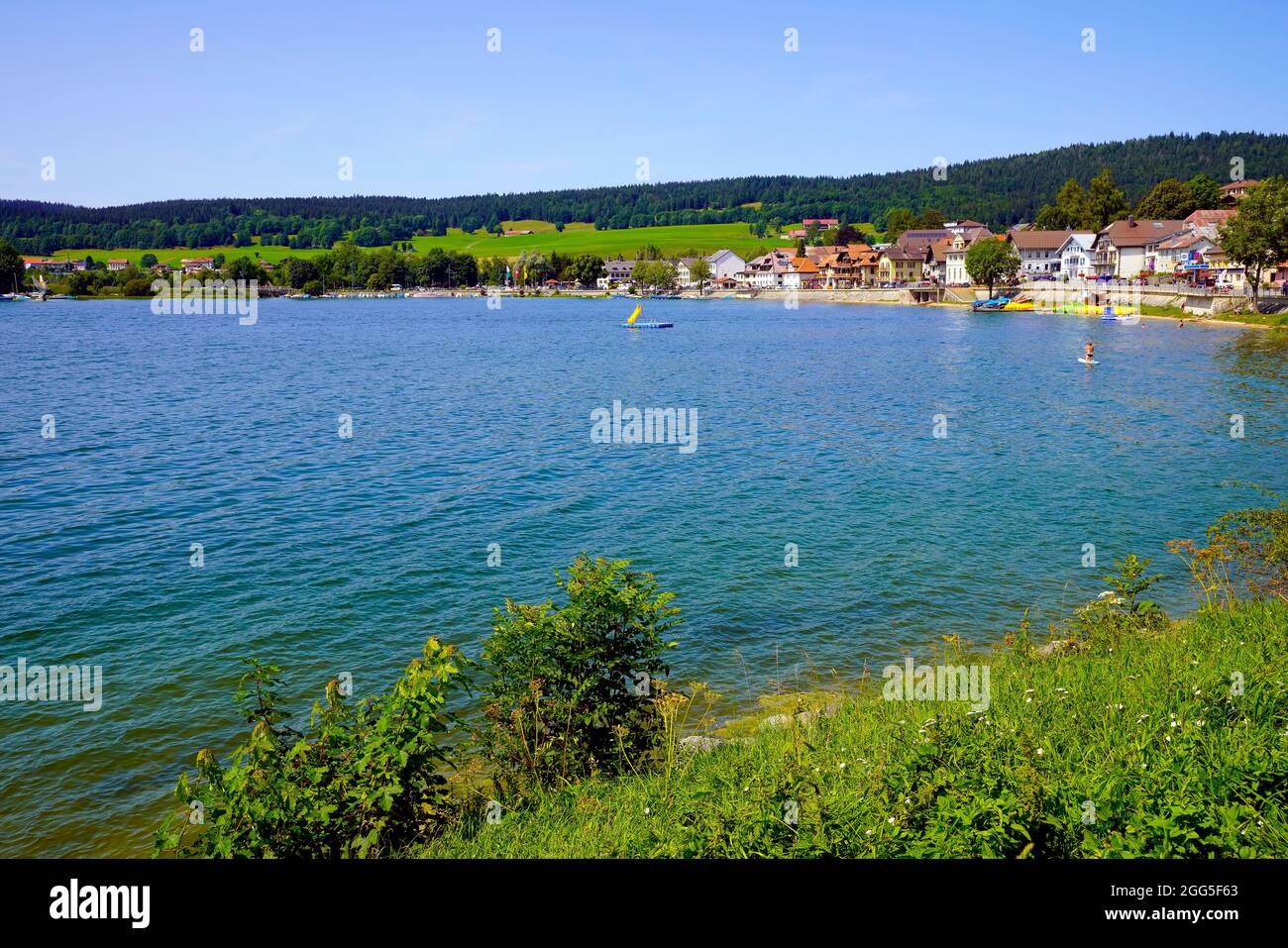 Like Lac de Joux in Vallee Joux  attractive region lovers of nature. Jura massif, Vaud Canton, Switzerland. Stock Photo