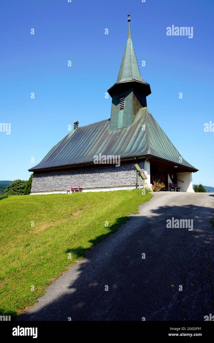 Church in Les Bioux, a quiet and charming village on the lake of  Joux lake (Lac de Joux). Vaud Canton. Switzerland. Stock Photo