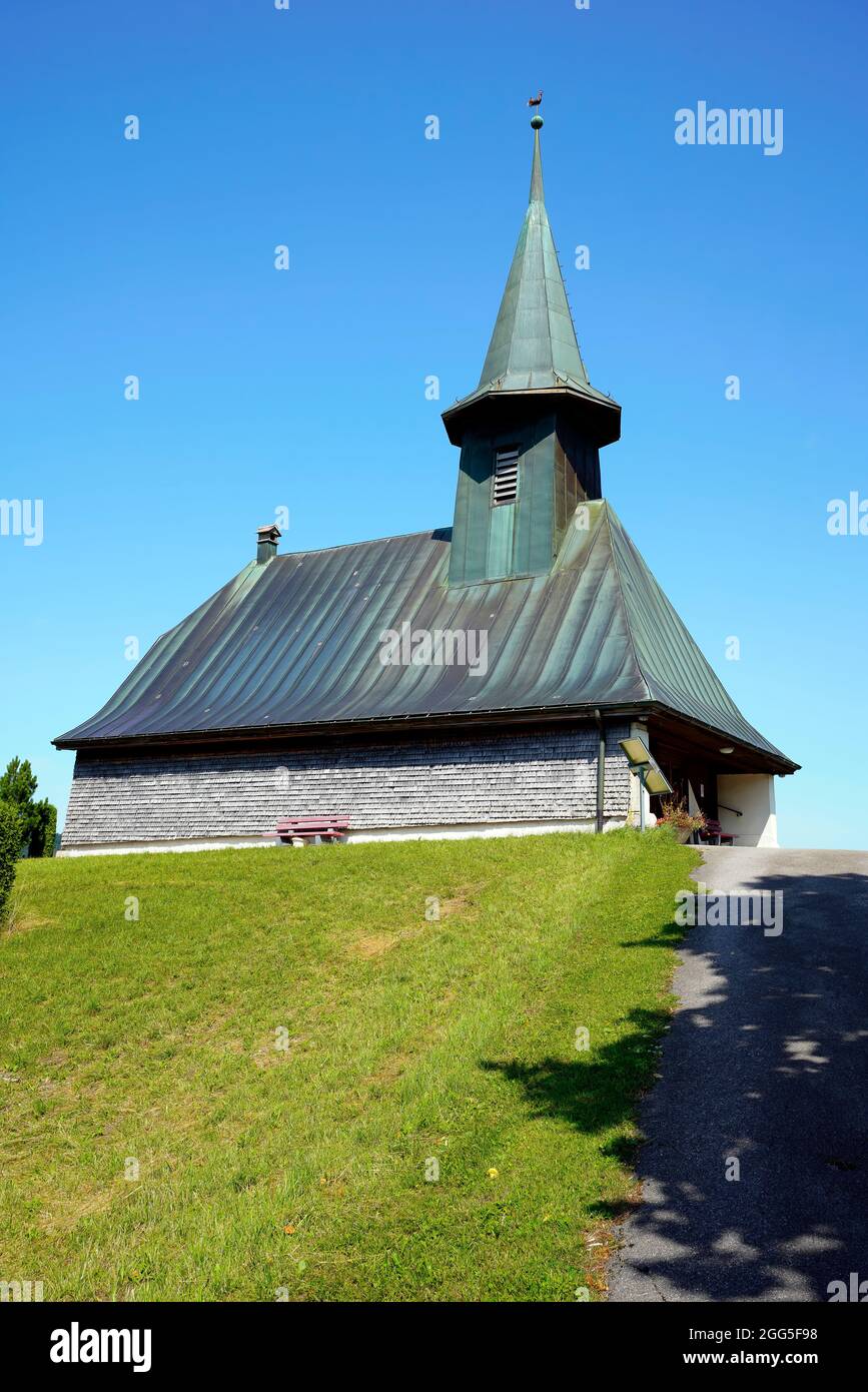 Church in Les Bioux, a quiet and charming village on the lake of  Joux lake (Lac de Joux). Vaud Canton. Switzerland. Stock Photo