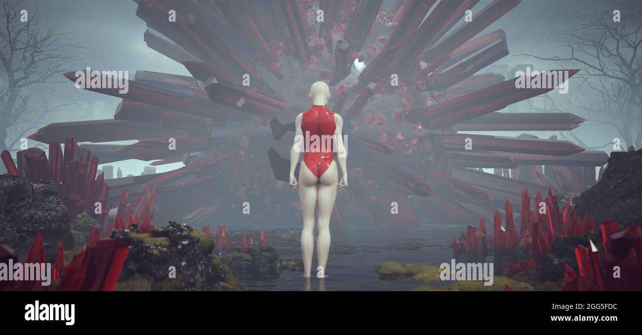 Futuristic Female Strong Aggressive Pose in a Red Body Suit With Abstract 3d Shapes Alien Landscape Foggy Abandoned Brutalist Architecture Stock Photo