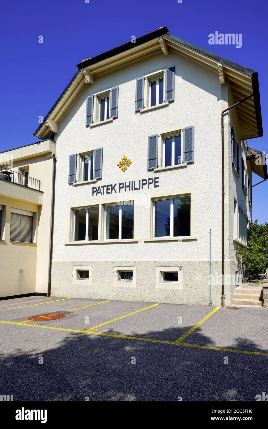 Patek Philippe clock and watch repair service building, Le Brassus, Vallee de Joux, Vaud Canton, Switzerland. Stock Photo