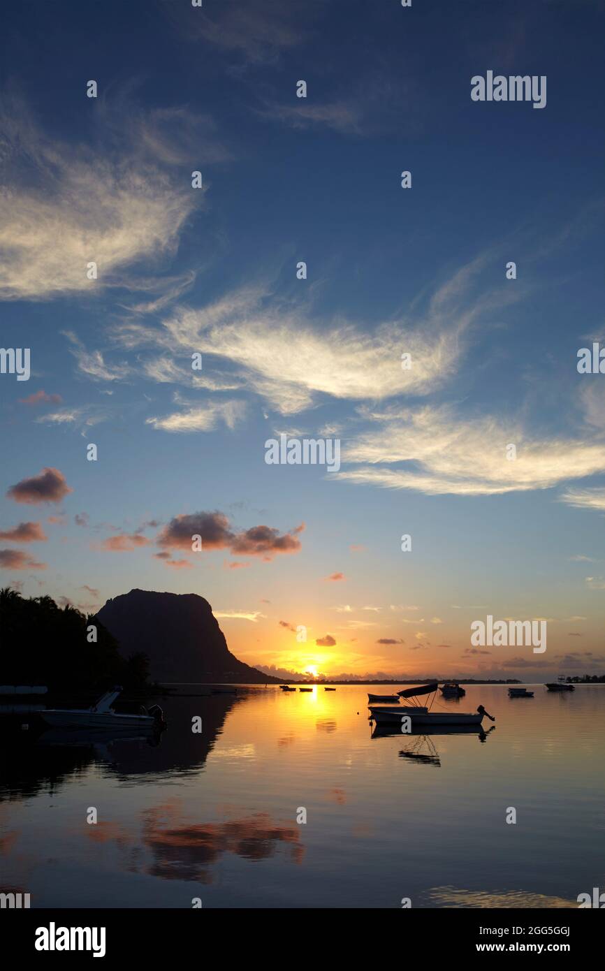 Little harbour at sunset in Le Morne Brabant, Mauritius Stock Photo