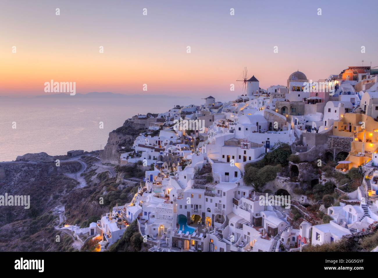 Sunset in Oia, the small town on the island of Santorini, Greece Stock Photo