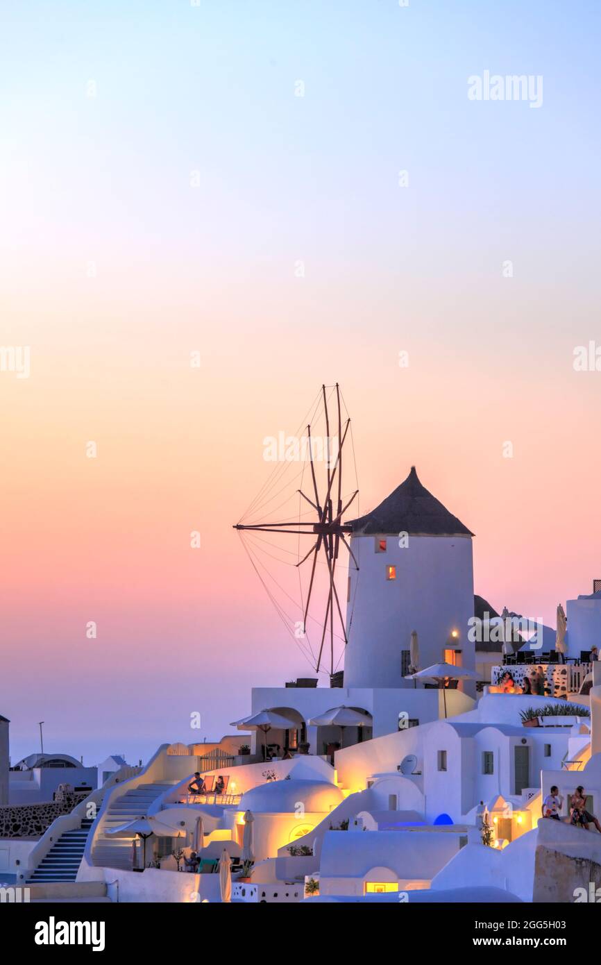 Sunset in Oia, the small town on the island of Santorini, Greece Stock Photo