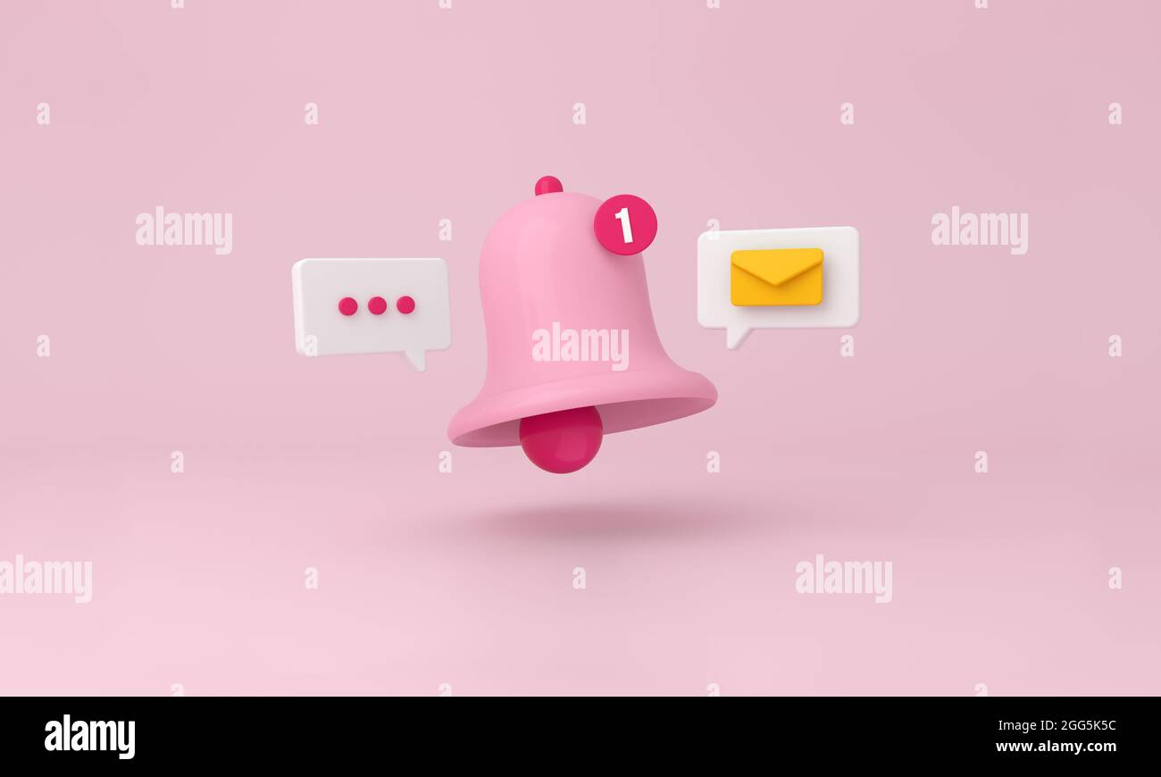 Pink notification message bell icon alert and alarm mail on minimal