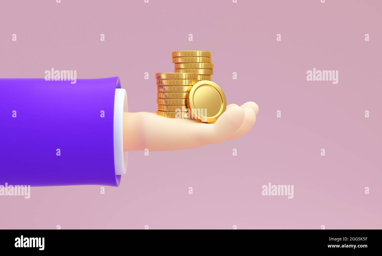 Stack of gold coins in a man's hand. Bank loans concept. 3d rendering
