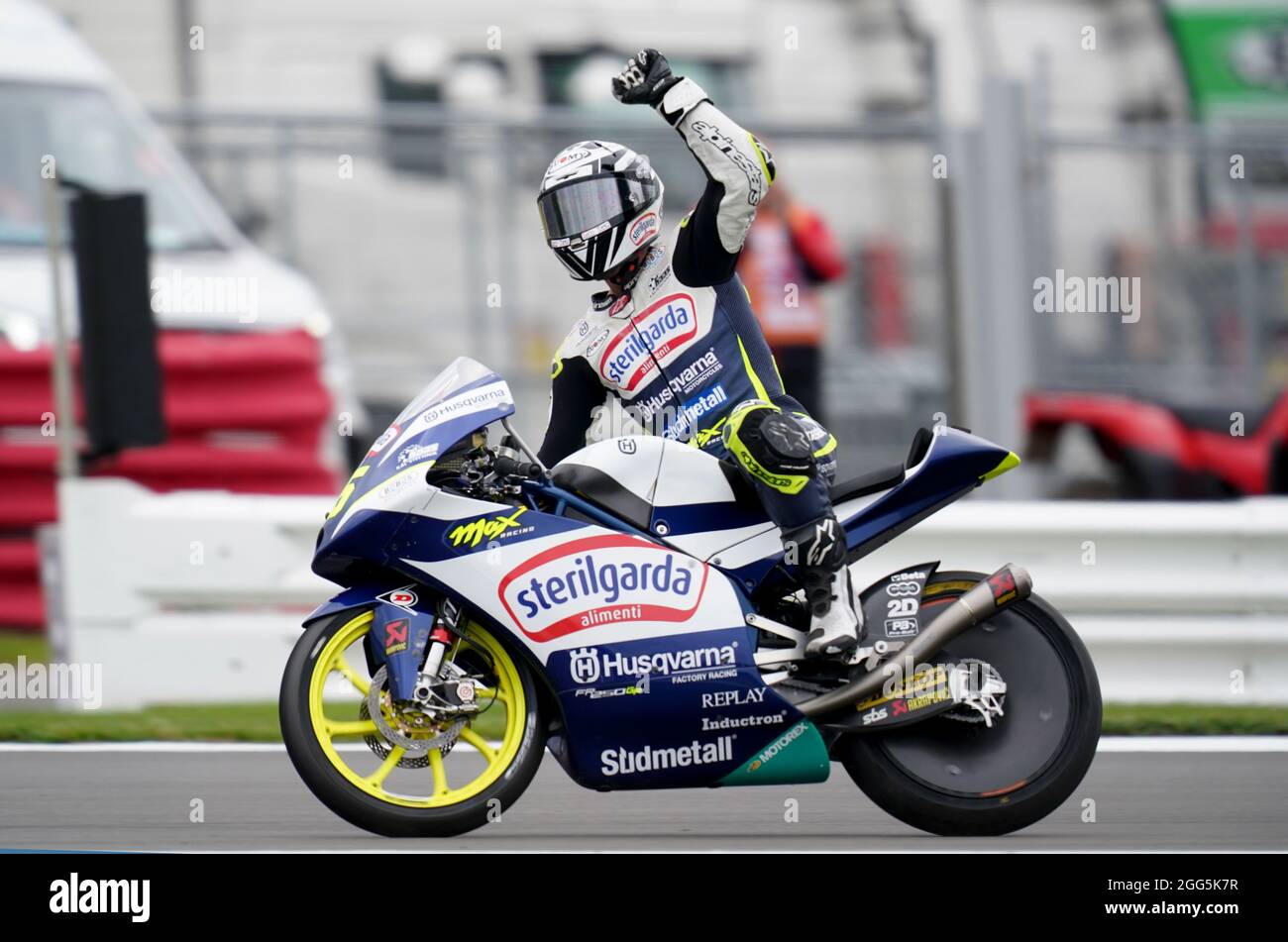 Sterilgarda Max Racing Team's Romano Fenati celebrates after winning the  MotoGP 3 during the Monster Energy British Grand Prix MotoGP race day at  Silverstone, Towcester. Picture date: Sunday August 29, 2021 Stock Photo -  Alamy