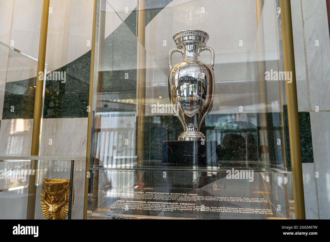 ROME ITALY UK. 29 August 2021.  The Henri Delaunay trophy won in 1968 in a trophy cabinet at the Italian football federation headquarters (FIGC) in via Gregorio Allegri in Rome. A replica trophy is being made to celebrate the triumph at Uefa Euro 2020 by the vicotrious Italian squad winning the  European Championship trophy at Wembley Stadium against England on 11 July 2021.Credit amer ghazzal/Alamy Live News Stock Photo