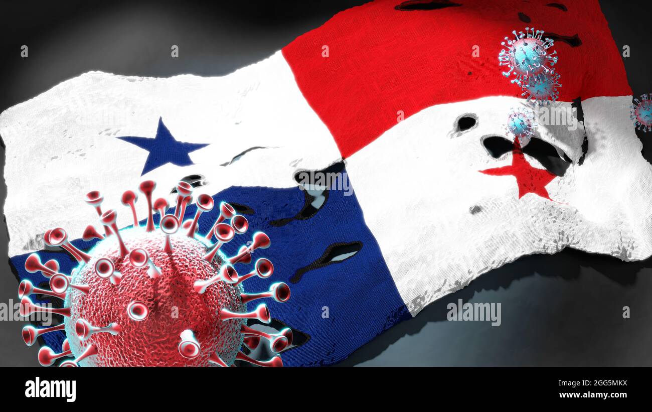 Covid in Panama - coronavirus attacking a national flag of Panama as a symbol of a fight and struggle with the virus pandemic in this country, 3d illu Stock Photo