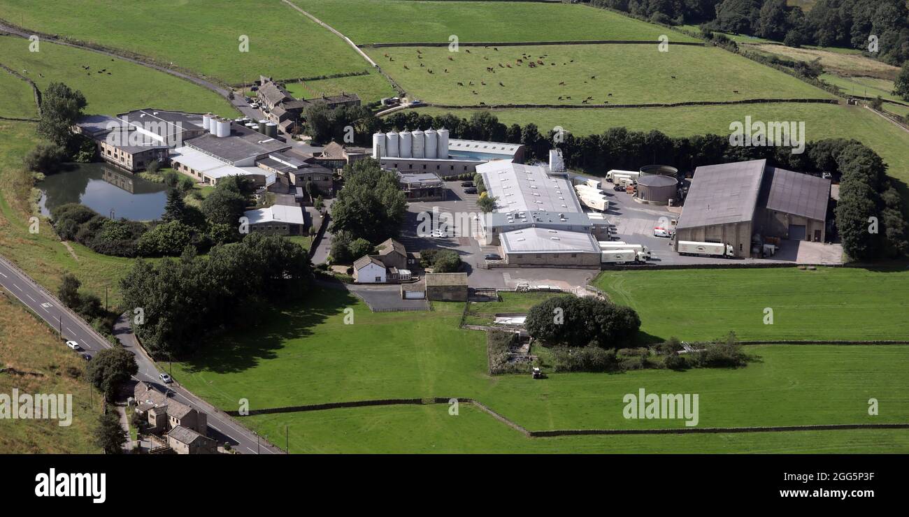 aerial view of Longley Farm, home of J & E Dickinson dairy farmers Dairy farm Stock Photo