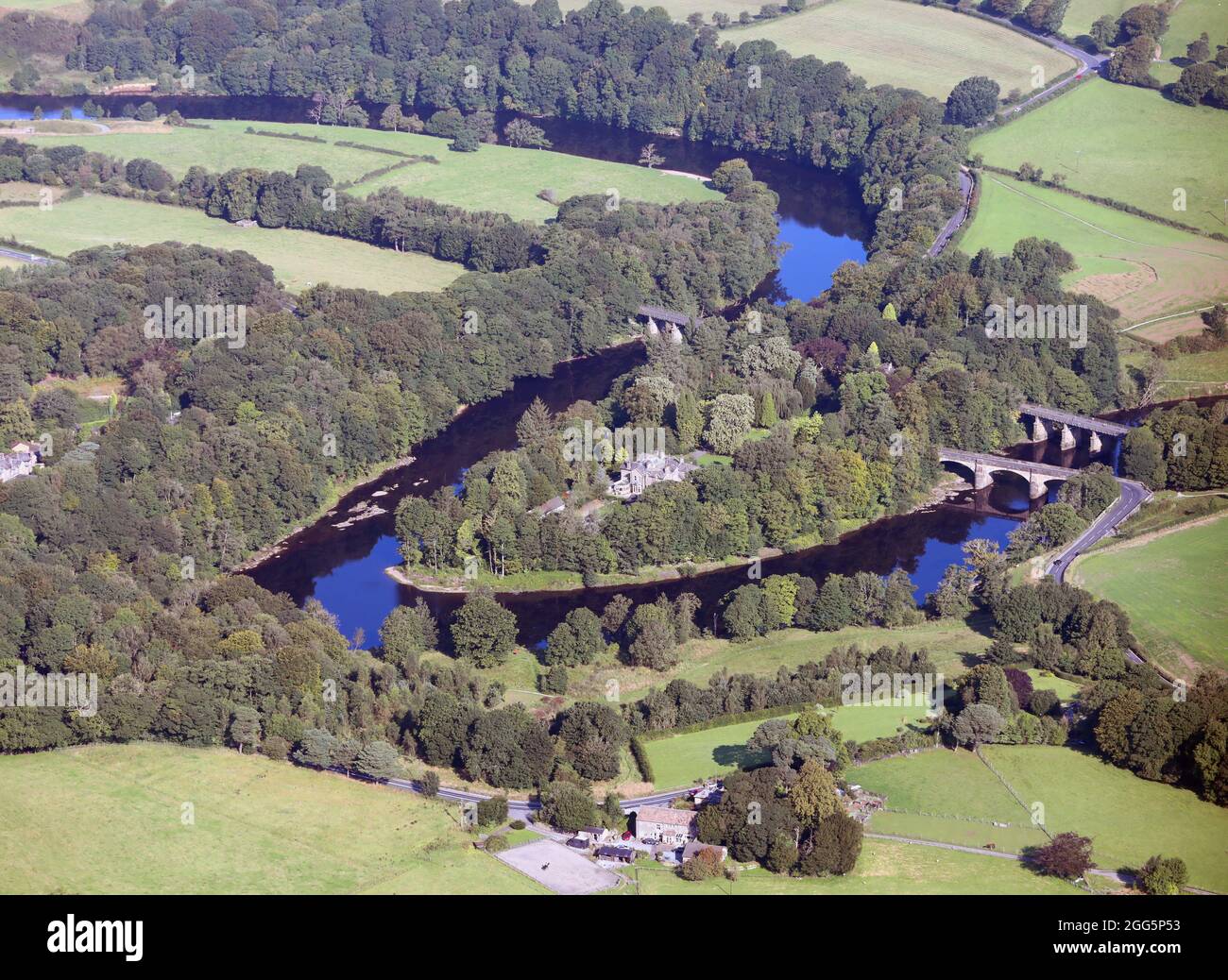 aerial view of the Crook of Lune - a spit of land on the River Lune at Caton near Lancaster, Lancashire Stock Photo