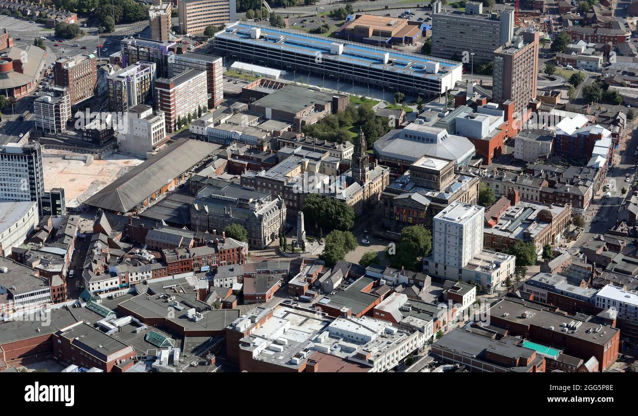Aerial view of Preston city centre. Preston Cenotaph is in the middle of the picture with municipal buildings (eg Sessions House) around Stock Photo