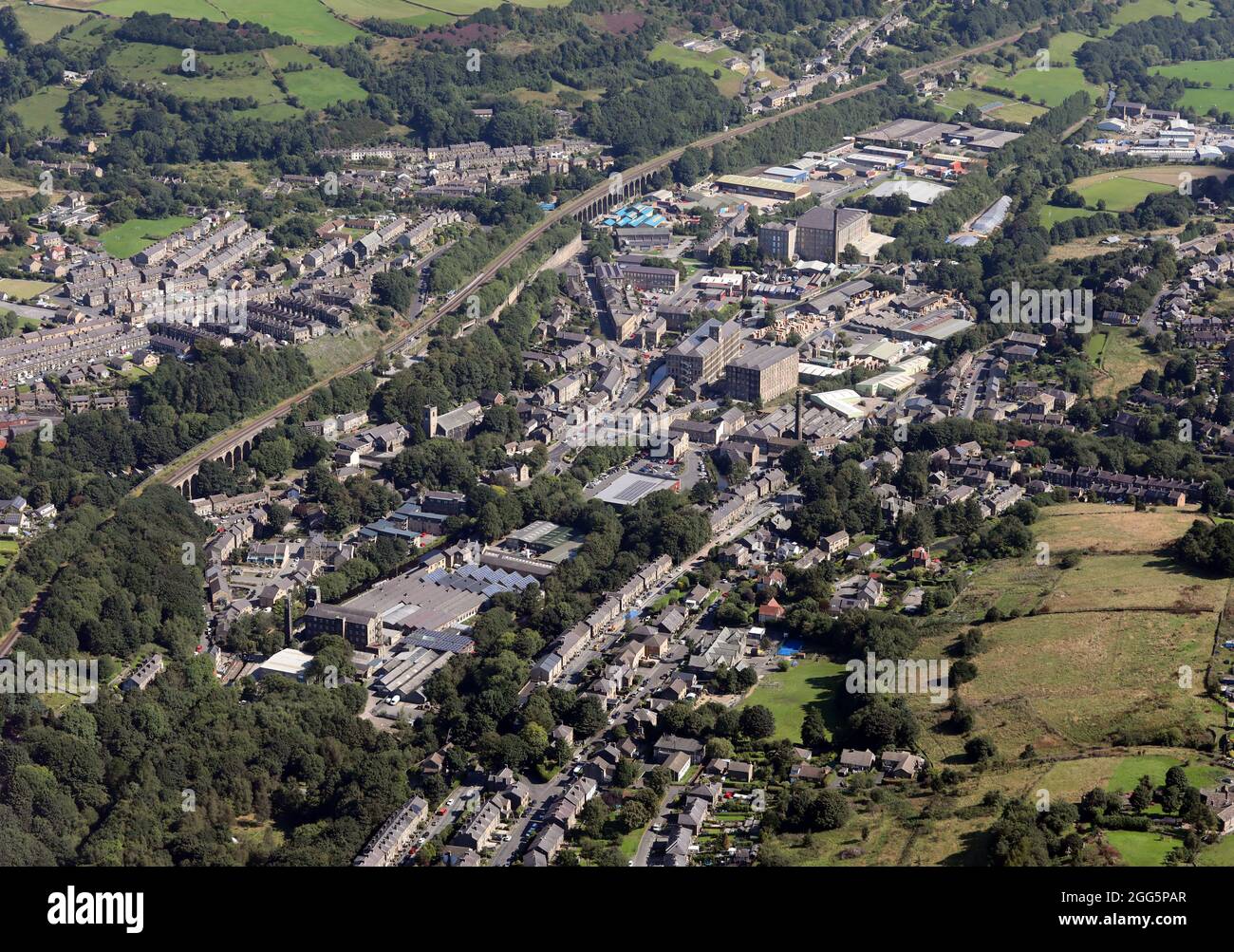 aerial view (from the west) of Slaithwaite, a West Yorkshire village  within the Metropolitan Borough of Kirklees Stock Photo